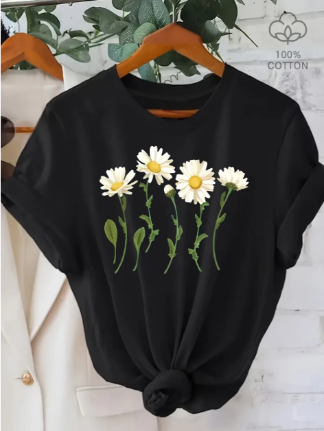 Women’s Floral Print Short Sleeve T-Shirt – White Daisy & Green Leaf Casual Tee