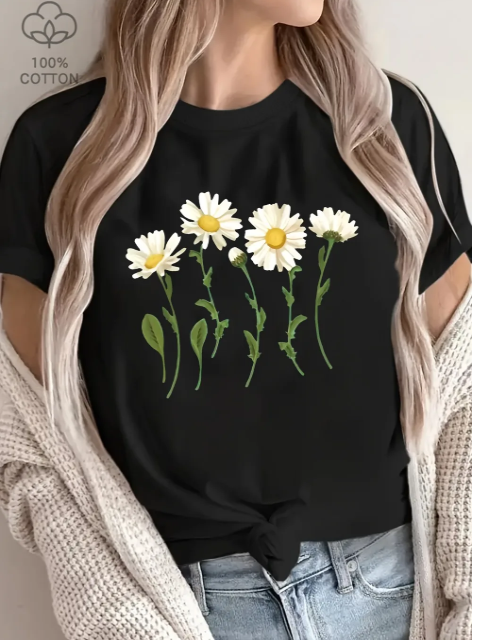 Women’s Floral Print Short Sleeve T-Shirt – White Daisy & Green Leaf Casual Tee