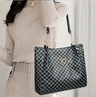 Women's Vintage Houndstooth Tote Bag – Large-Capacity Shoulder Bag with Zipper, Lightweight Synthetic Leather