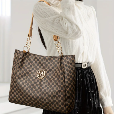 Women's Vintage Houndstooth Tote Bag – Large-Capacity Shoulder Bag with Zipper, Lightweight Synthetic Leather