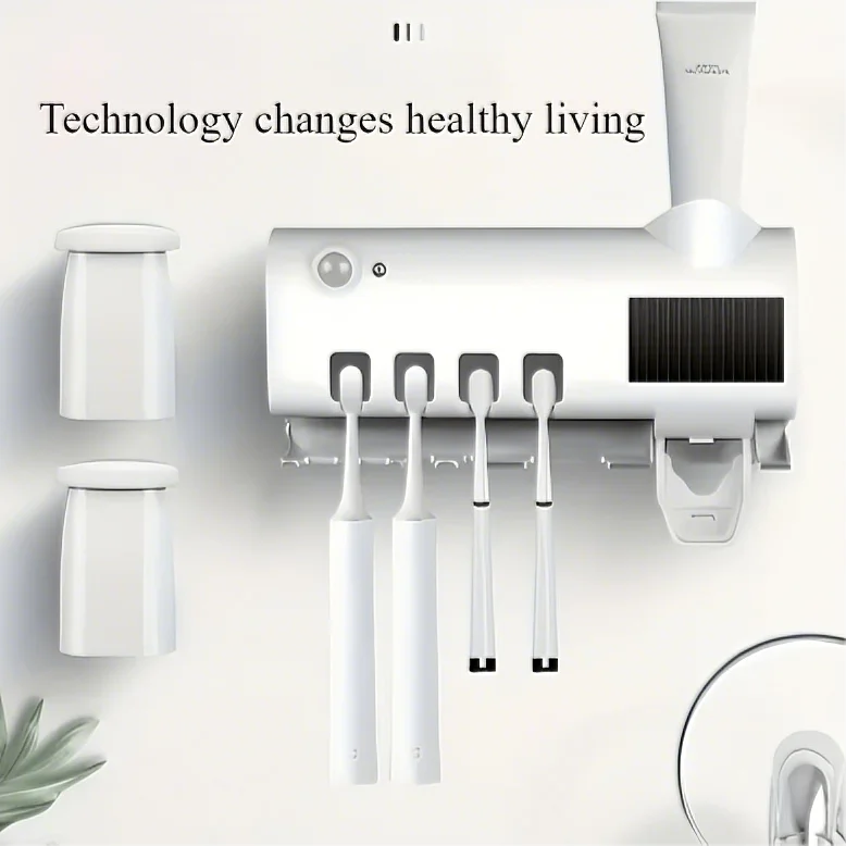White Smart Toothbrush Holder – Auto Dispenser & USB Charging Wall Mount for Home & Business Bathrooms