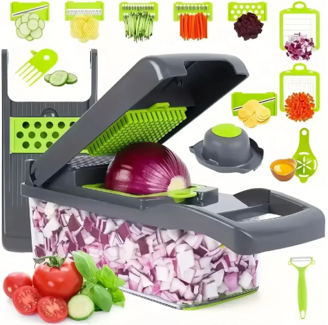 14/16-in-1 Multifunctional Vegetable Chopper – Manual Food Grater, Slicer, Dicer for Kitchen (Includes 8 Blades & Container)