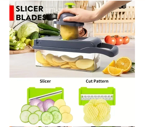 14/16-in-1 Multifunctional Vegetable Chopper – Manual Food Grater, Slicer, Dicer for Kitchen (Includes 8 Blades & Container)