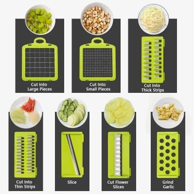 14/16-in-1 Multifunctional Vegetable Chopper – Manual Food Grater, Slicer, Dicer for Kitchen (Includes 8 Blades & Container)