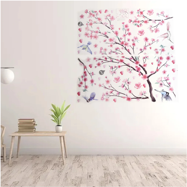 2-Piece Cherry Blossom Wall Stickers – Pink Flower & Bird Branch Decals for Bedroom & Living Room Decor