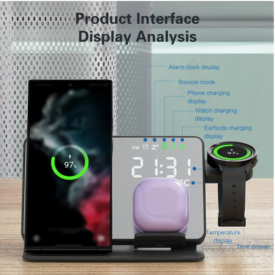 3‑in‑1 Wireless Charging Station w/ Clock Display – Fast-Charge Samsung Galaxy S24/S23/S22 + Watch 6/5 Pro + Earbuds
