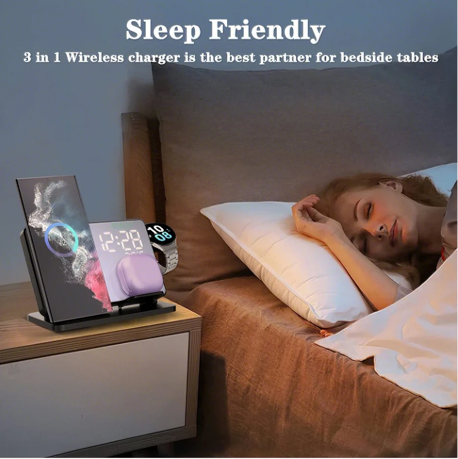 3‑in‑1 Wireless Charging Station w/ Clock Display – Fast-Charge Samsung Galaxy S24/S23/S22 + Watch 6/5 Pro + Earbuds