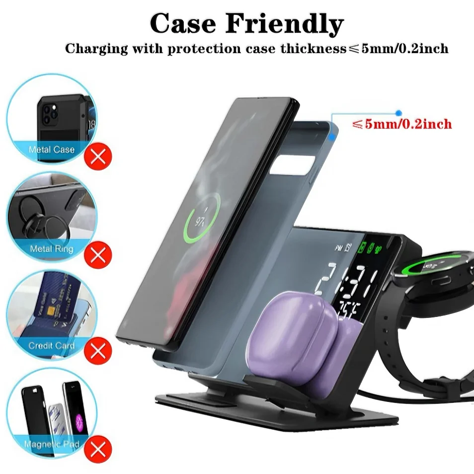 3‑in‑1 Wireless Charging Station w/ Clock Display – Fast-Charge Samsung Galaxy S24/S23/S22 + Watch 6/5 Pro + Earbuds
