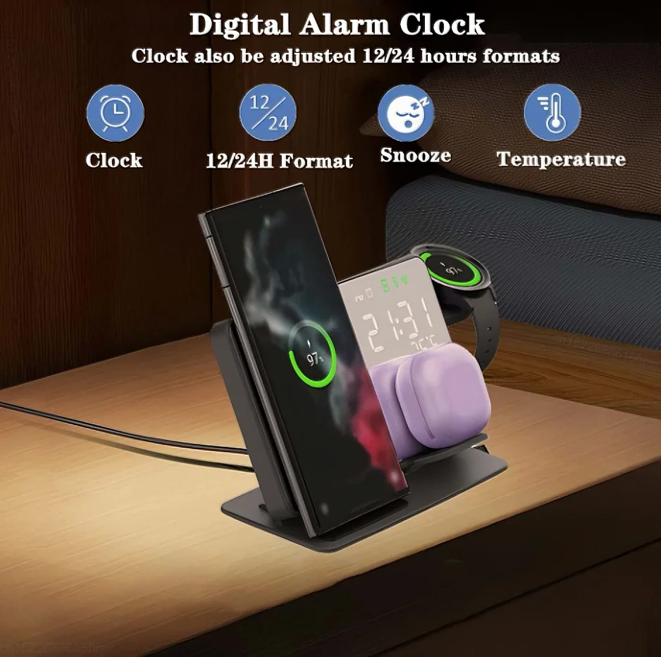 3‑in‑1 Wireless Charging Station w/ Clock Display – Fast-Charge Samsung Galaxy S24/S23/S22 + Watch 6/5 Pro + Earbuds
