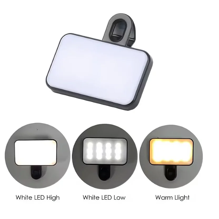 Pocket Clip-On LED Selfie Light – Rechargeable, 3 Light Modes, 10 Brightness Levels for iPhone, iPad, Mobile, Laptop