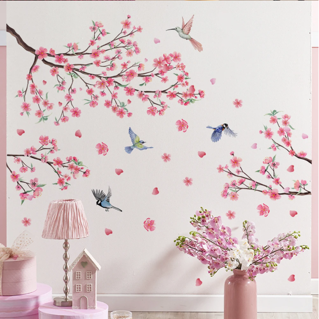2-Piece Cherry Blossom Wall Stickers – Pink Flower & Bird Branch Decals for Bedroom & Living Room Decor