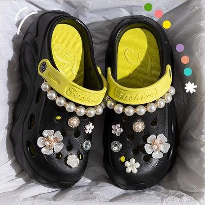 Women's 2025 Summer Pearl Chain Platform Clogs – Chunky Slip-On EVA Sandals with Thick Sole