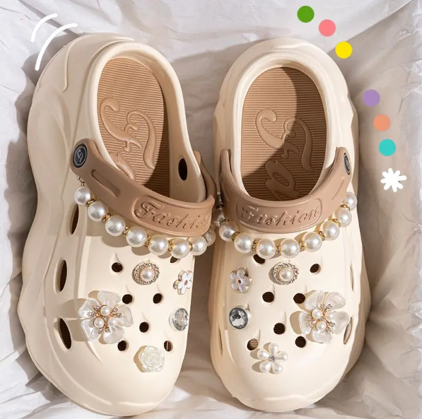 Women's 2025 Summer Pearl Chain Platform Clogs – Chunky Slip-On EVA Sandals with Thick Sole