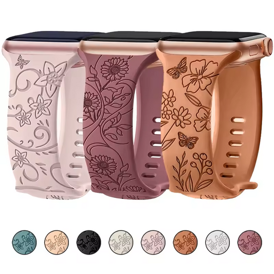 Floral‑Engraved Silicone Band for Apple Watch (38‑49 mm) – Compatible with Series 3‑10, SE, Ultra
