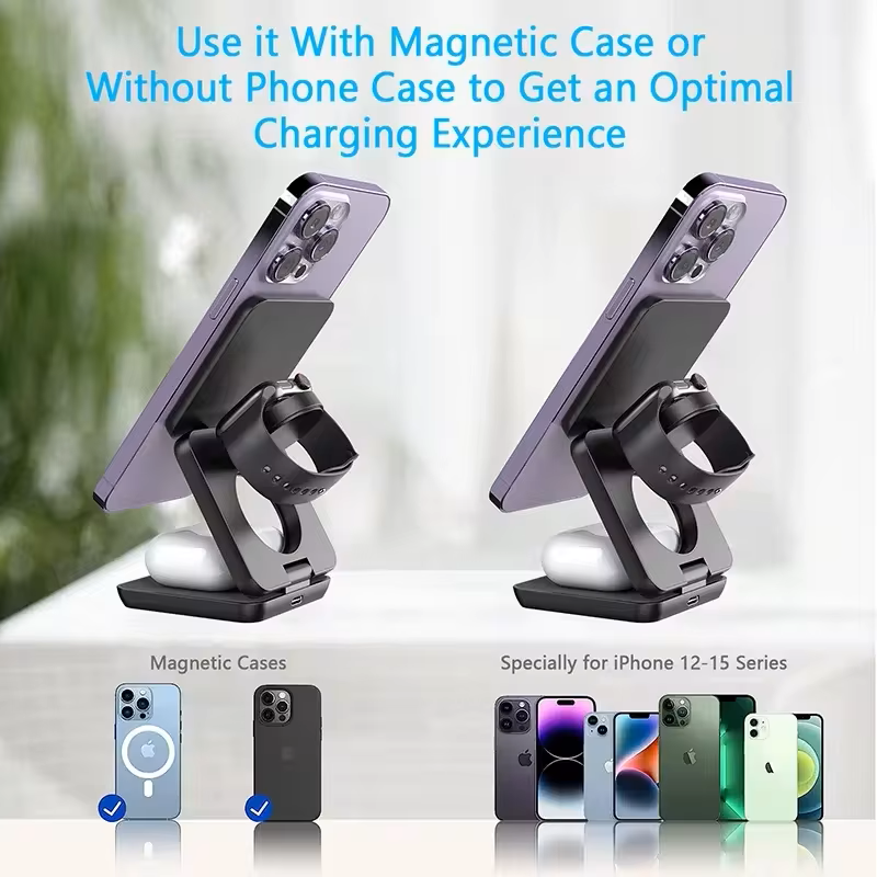3-in-1 Magnetic Foldable Wireless Charging Stand – Fast Charger for iPhone 16/15/14/13 Pro Max & Apple Watch 8/9