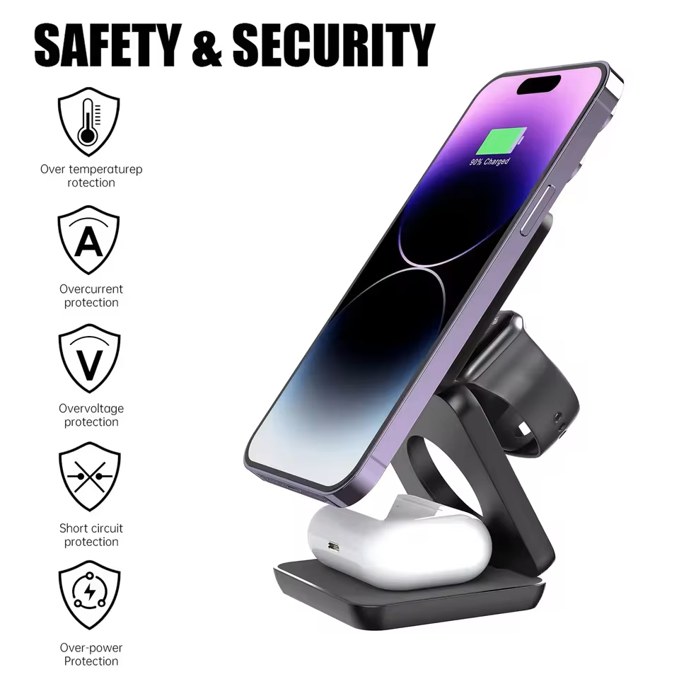 3-in-1 Magnetic Foldable Wireless Charging Stand – Fast Charger for iPhone 16/15/14/13 Pro Max & Apple Watch 8/9