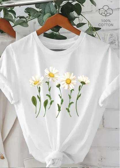 Women’s Floral Print Short Sleeve T-Shirt – White Daisy & Green Leaf Casual Tee