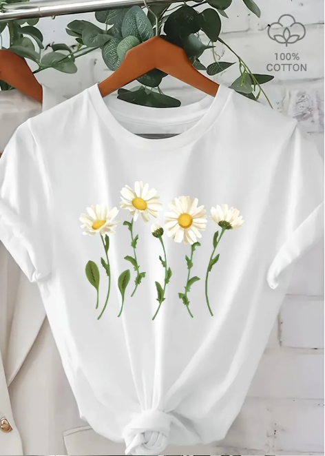 Women’s Floral Print Short Sleeve T-Shirt – White Daisy & Green Leaf Casual Tee