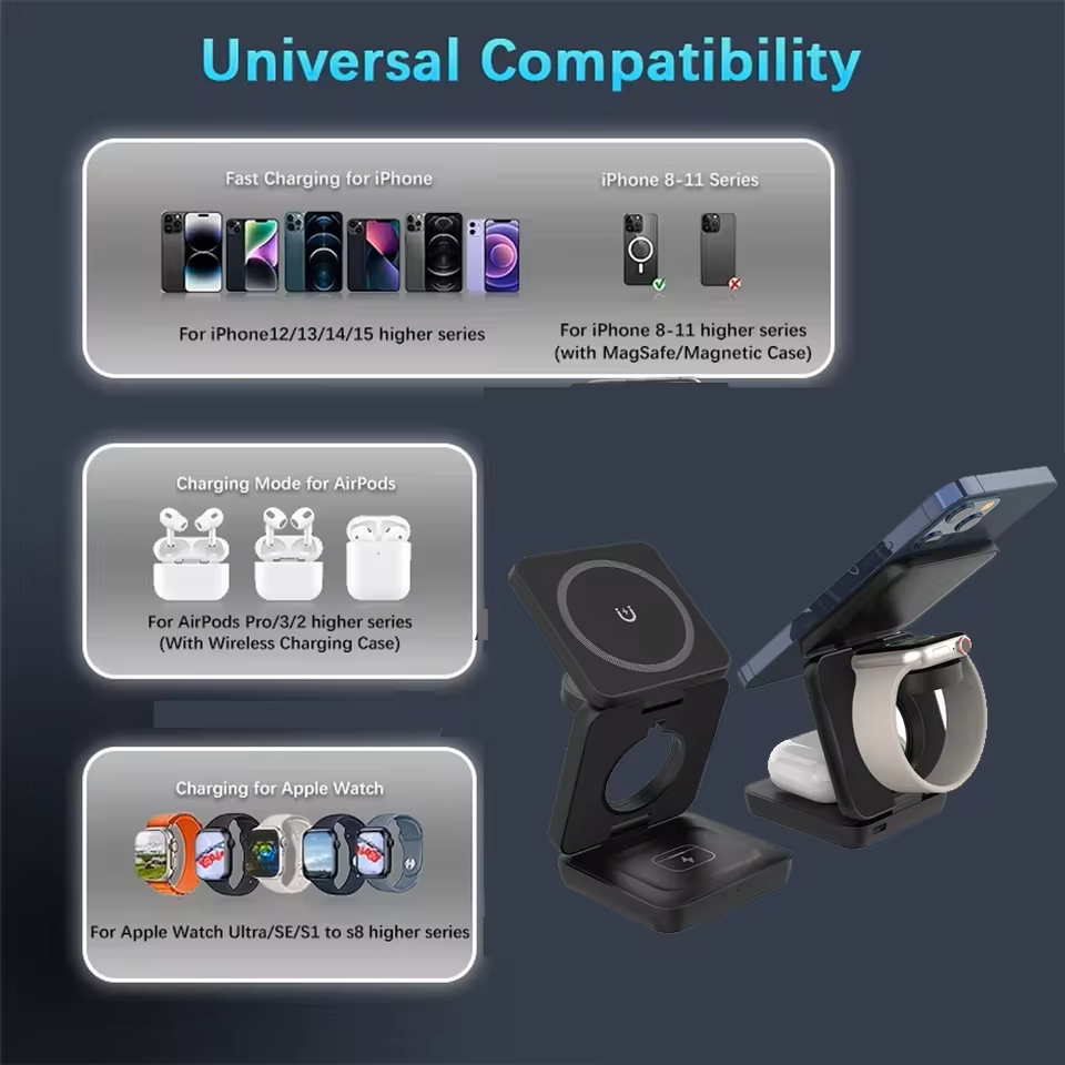 3-in-1 Magnetic Foldable Wireless Charging Stand – Fast Charger for iPhone 16/15/14/13 Pro Max & Apple Watch 8/9