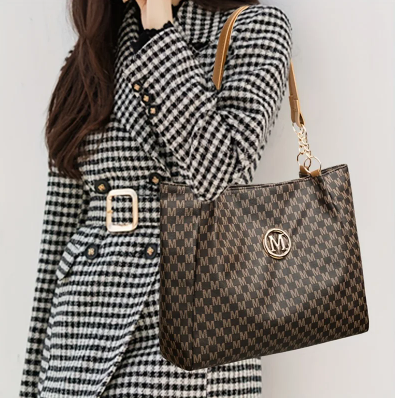 Women's Vintage Houndstooth Tote Bag – Large-Capacity Shoulder Bag with Zipper, Lightweight Synthetic Leather