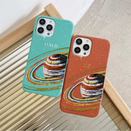 Personalized Leather iPhone Case – Gold & Silver Initials with Star Design for iPhone 11–16 Series