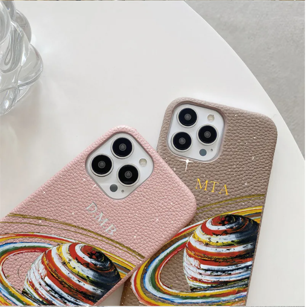 Personalized Leather iPhone Case – Gold & Silver Initials with Star Design for iPhone 11–16 Series