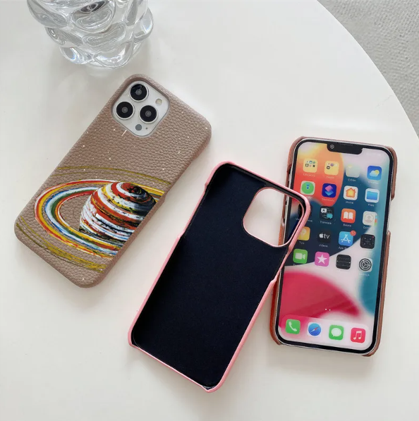 Personalized Leather iPhone Case – Gold & Silver Initials with Star Design for iPhone 11–16 Series