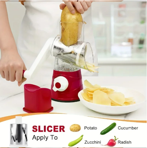 Vegetable Cutter & Slicer – Manual Kitchen Cheese Chopper with 3 Sharp Drums, Multifunctional Garlic & Potato Shredder (2025 Model)