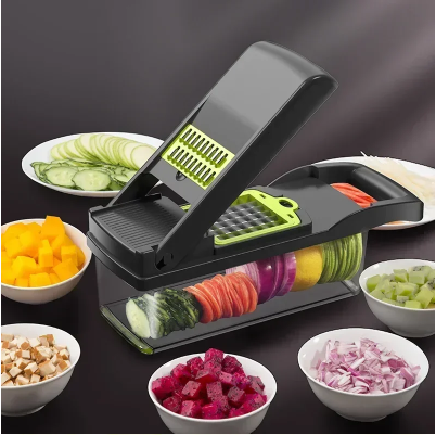 14/16-in-1 Multifunctional Vegetable Chopper – Manual Food Grater, Slicer, Dicer for Kitchen (Includes 8 Blades & Container)