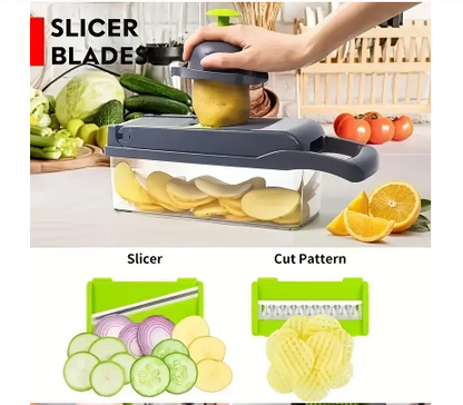 14/16-in-1 Multifunctional Vegetable Chopper – Manual Food Grater, Slicer, Dicer for Kitchen (Includes 8 Blades & Container)