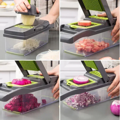 14/16-in-1 Multifunctional Vegetable Chopper – Manual Food Grater, Slicer, Dicer for Kitchen (Includes 8 Blades & Container)