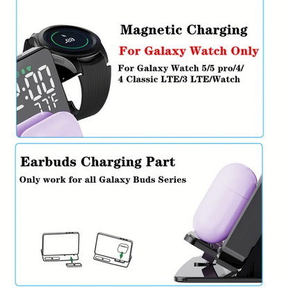 3‑in‑1 Wireless Charging Station w/ Clock Display – Fast-Charge Samsung Galaxy S24/S23/S22 + Watch 6/5 Pro + Earbuds