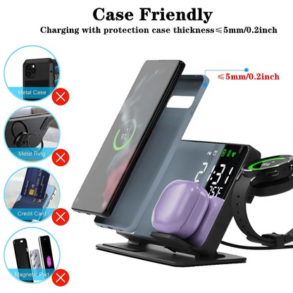 3‑in‑1 Wireless Charging Station w/ Clock Display – Fast-Charge Samsung Galaxy S24/S23/S22 + Watch 6/5 Pro + Earbuds
