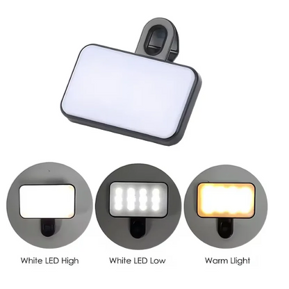 Pocket Clip-On LED Selfie Light – Rechargeable, 3 Light Modes, 10 Brightness Levels for iPhone, iPad, Mobile, Laptop