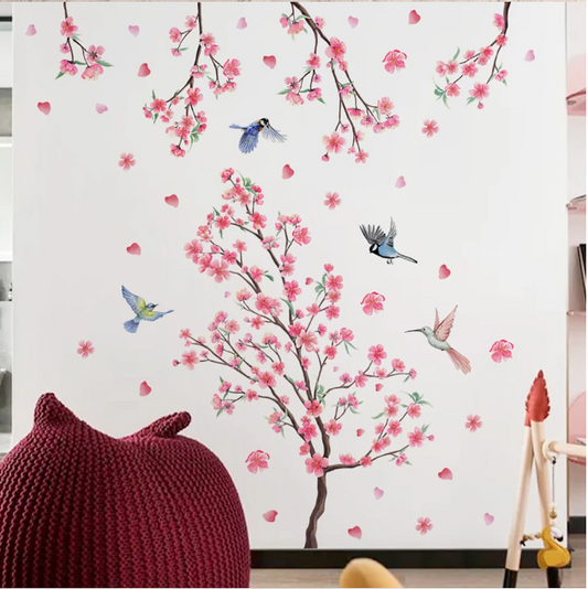 2-Piece Cherry Blossom Wall Stickers – Pink Flower & Bird Branch Decals for Bedroom & Living Room Decor